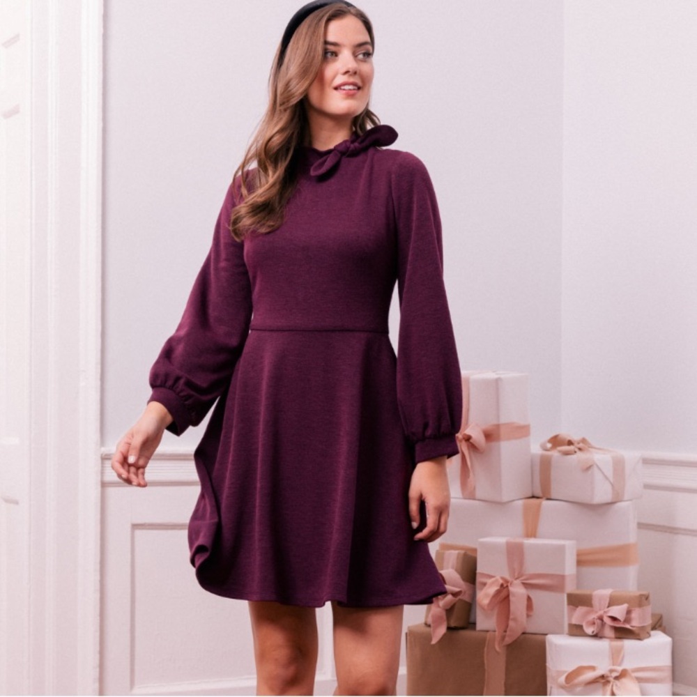 Gal Meets Glam Valentina Sweater Dress Mock Neck Bow Purple Berry Currant